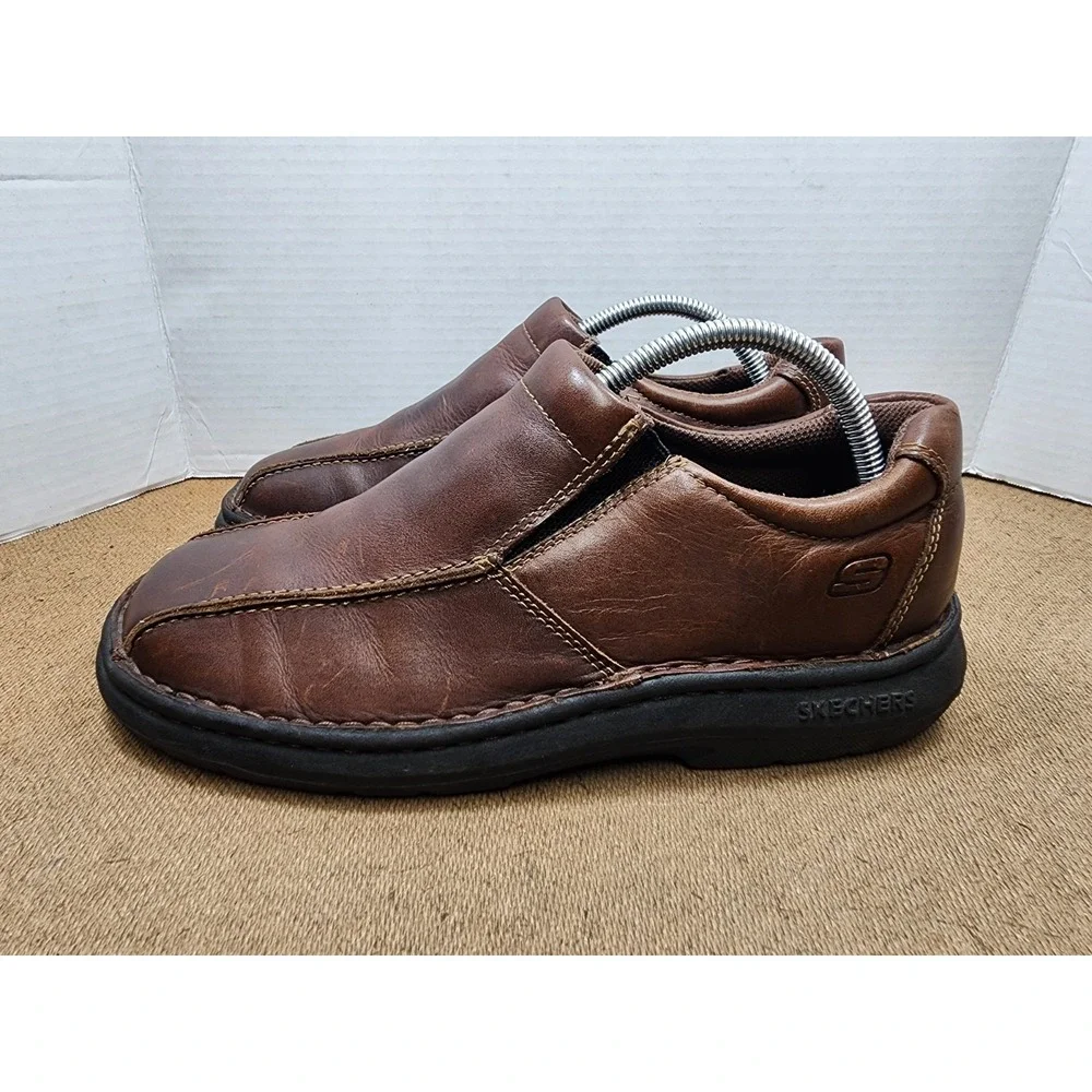 Skechers Shoes Mens 9 Comfort Slip On 4274 Brown Leather Bicycle Toe Low Top